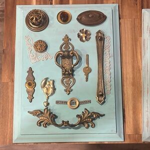 Vintage Brass Hardware Set on Blue Board